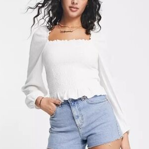 New Look Shirred Square Neck Long Sleeve Top in Off White